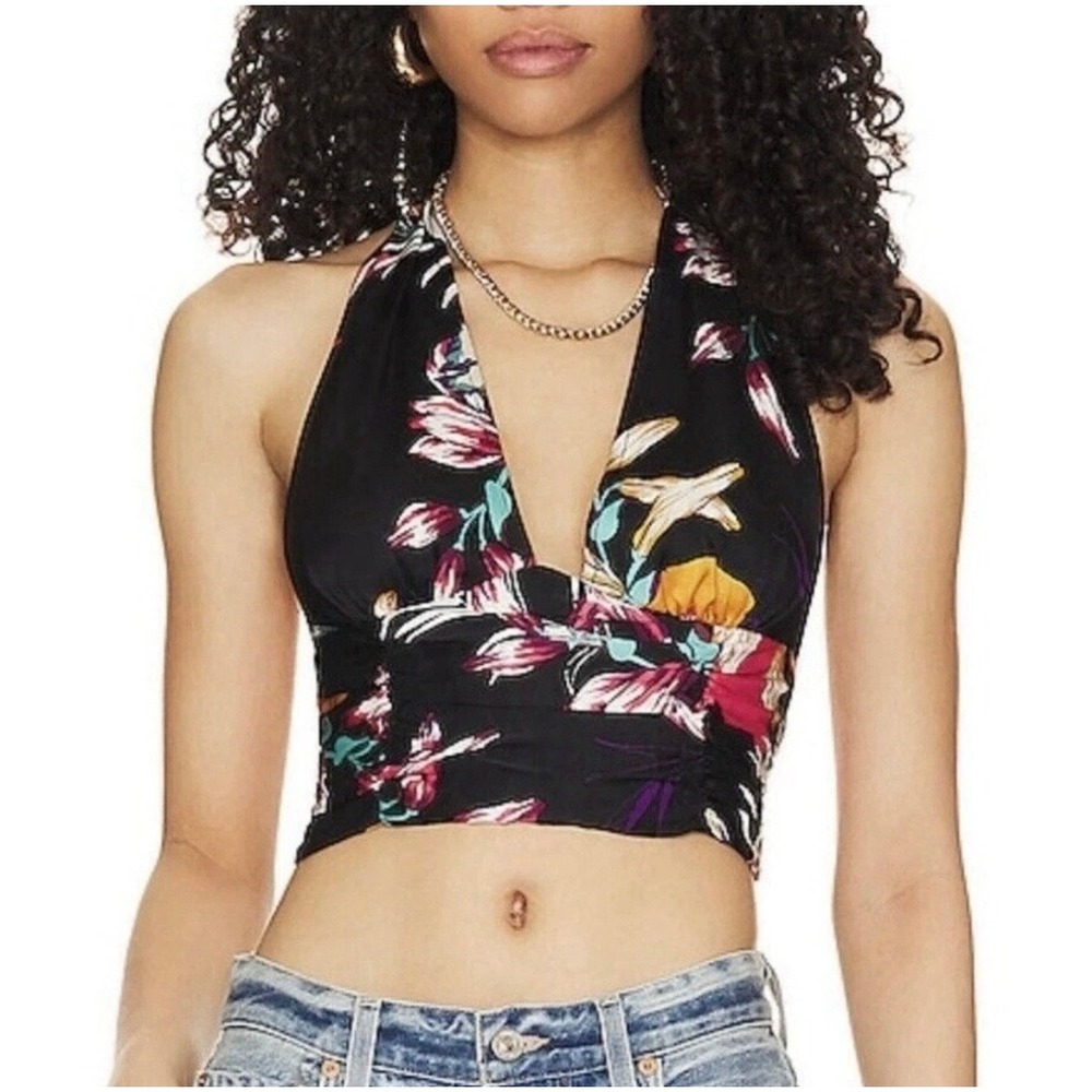 Free People XS Halter Crop Top Womens Black Floral Excellent OB1752286 Ruched